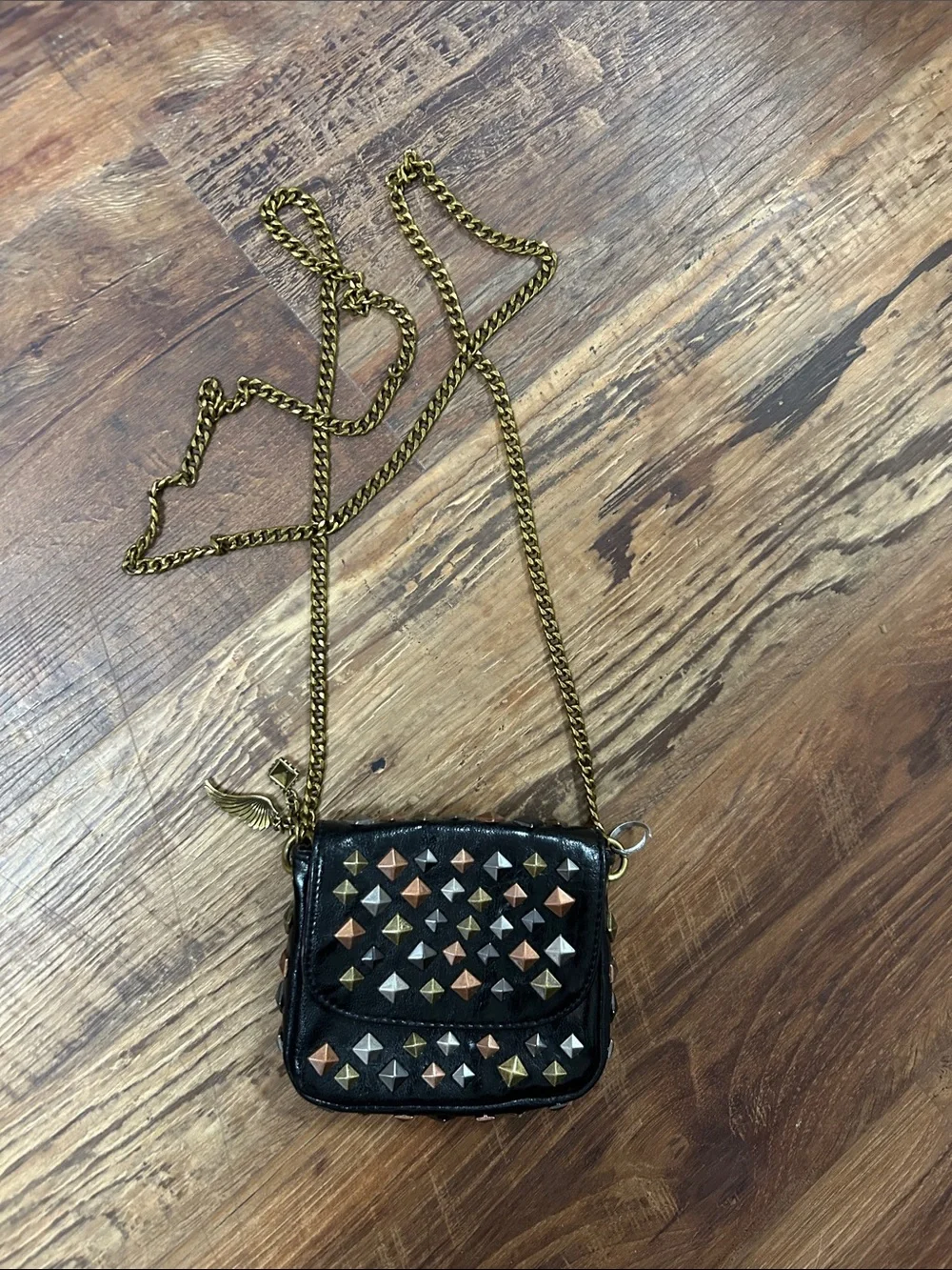 RACHEL Rachel Roy Black Crossbody with Mixed Metal Studs and Gold Chain